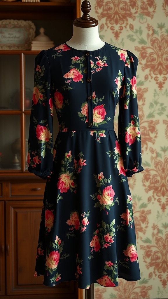 A vintage-inspired black tea dress with floral patterns, displayed on a mannequin in a cozy cafe setting.