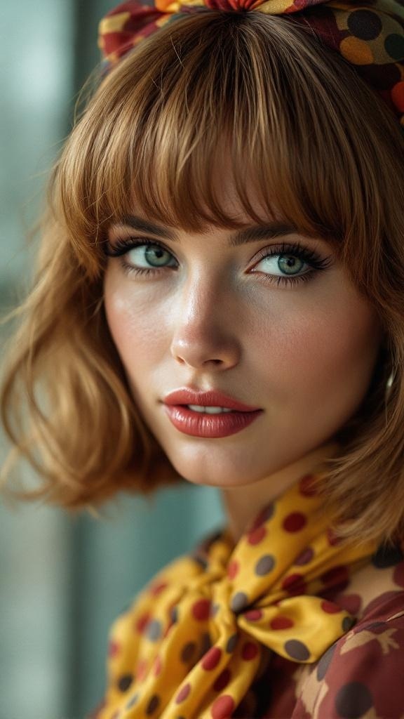 A young woman with vintage-inspired curtain bangs, wearing a polka dot scarf and stylish outfit.