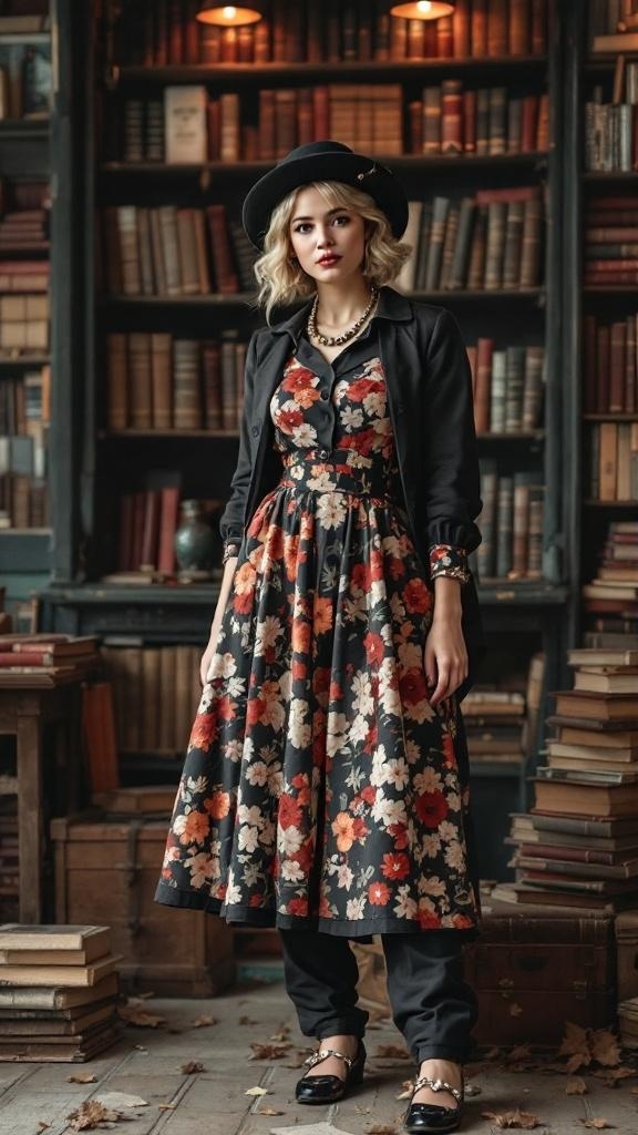 Model wearing a vintage floral dress in a library setting