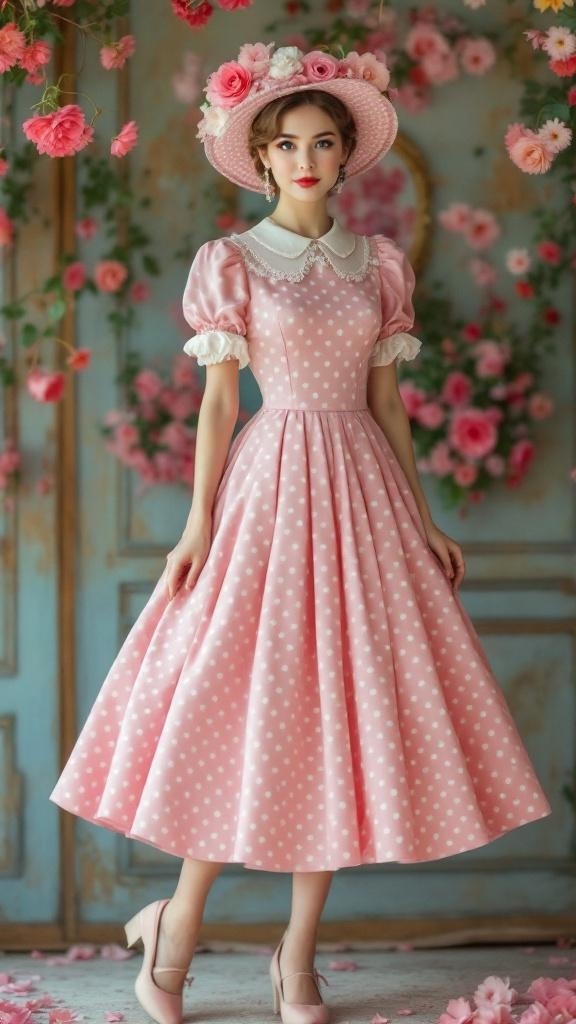 A vintage-inspired pink tea dress with white polka dots, featuring a collar and puffed sleeves.