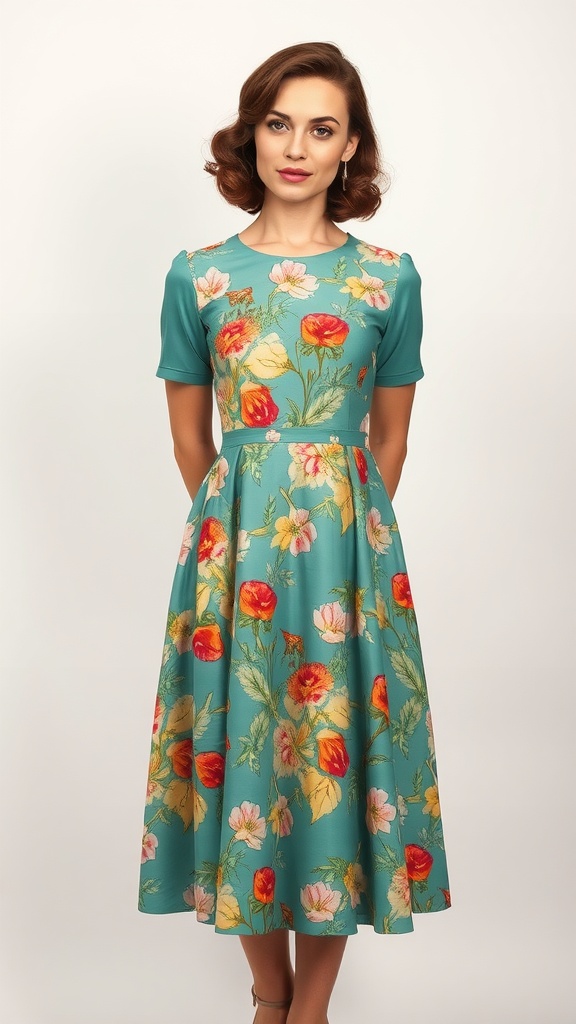 Vintage-inspired tea-length dress with floral pattern and short puff sleeves