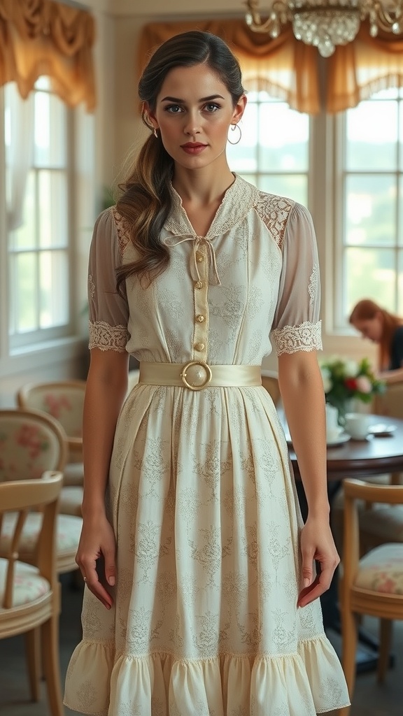 A vintage-inspired tea dress with floral patterns, displayed on a mannequin, alongside a tea set and flowers in a cozy setting.