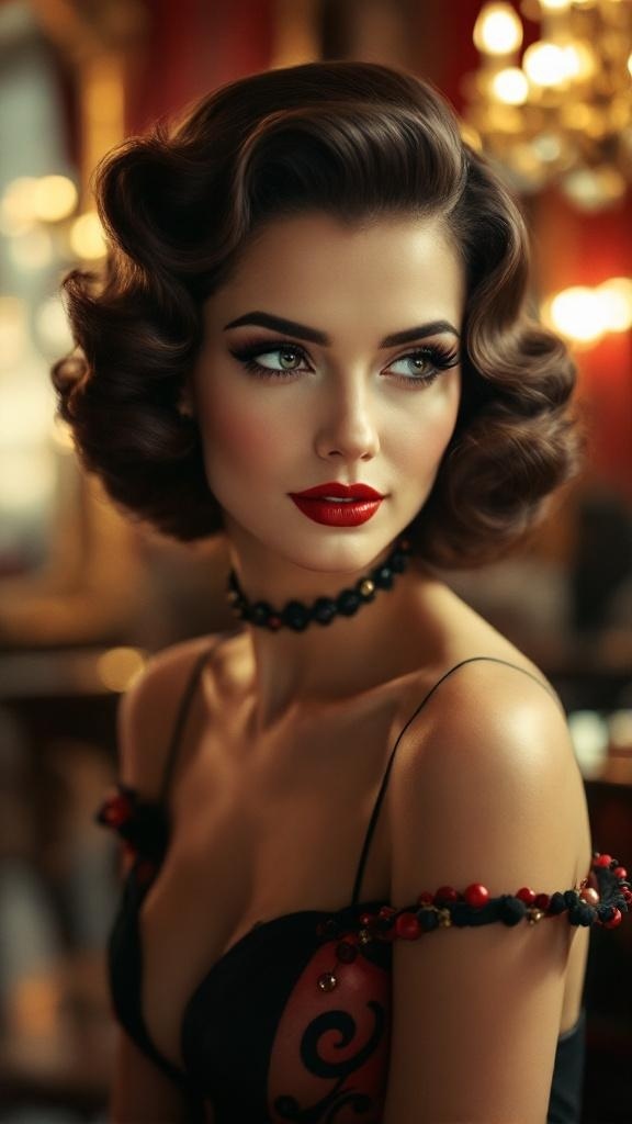 A woman with vintage finger waves hairstyle, showcasing elegant S-shaped curls and bold red lips.