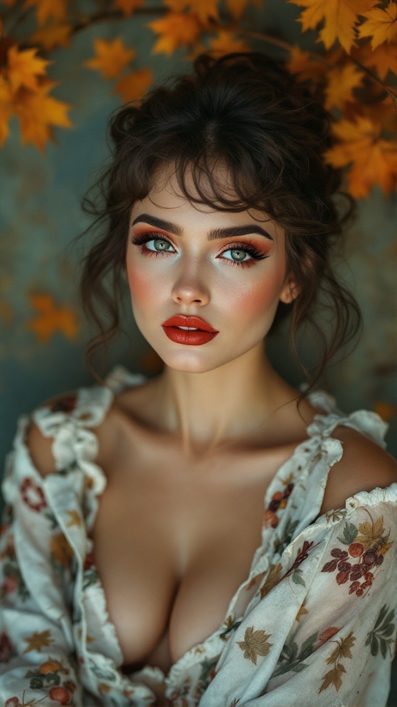 Model showcasing vintage glam makeup with red lips and defined eyes, surrounded by autumn leaves.