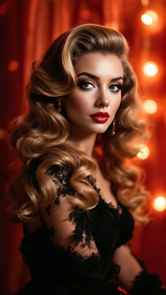 A woman with vintage Hollywood glam hairstyle featuring voluminous waves and bold red lips.