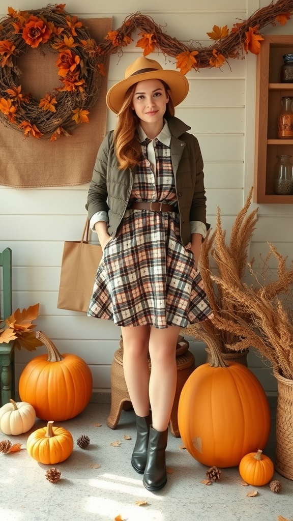 A vintage-inspired blue dress on a mannequin surrounded by autumn decorations and pumpkins.