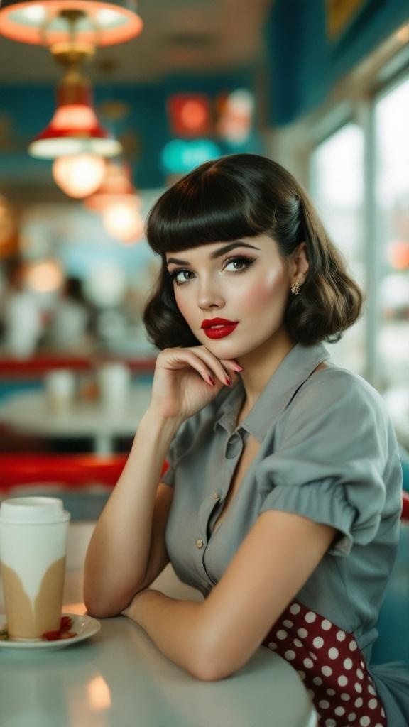 A woman with vintage pin-up bangs sitting in a diner, wearing a grey blouse and red lipstick.