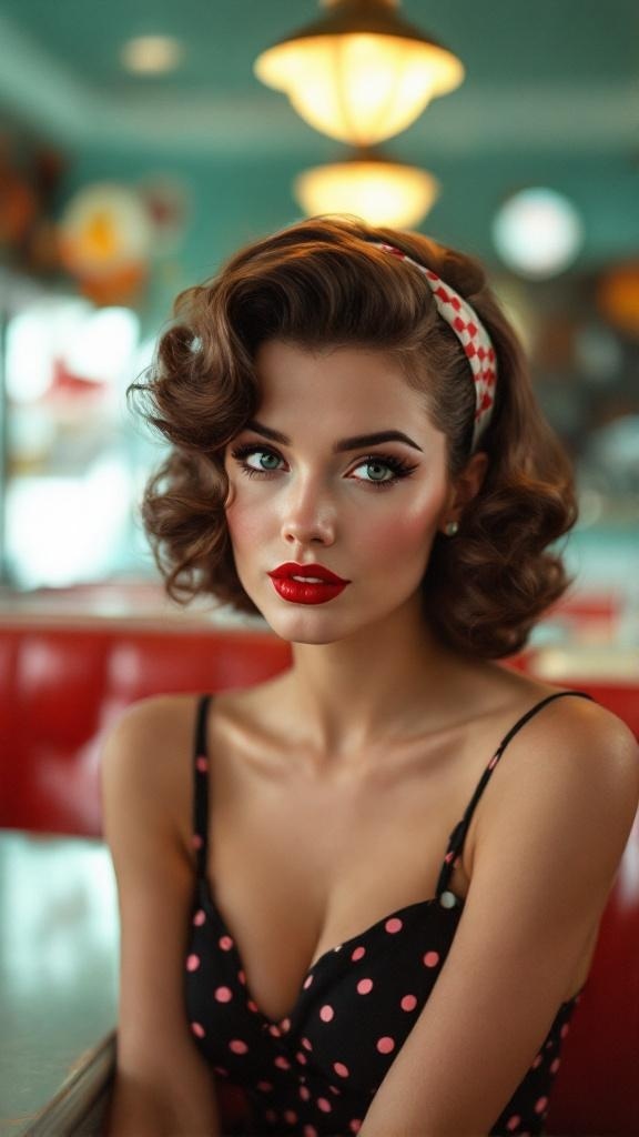 A woman with vintage pin-up curls, wearing a polka dot dress and red lipstick, styled in a retro diner setting.