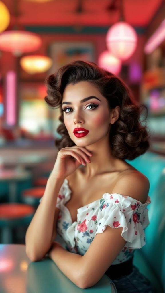A woman with vintage pin-up curls, wearing a floral top and red lipstick, posing in a colorful diner.