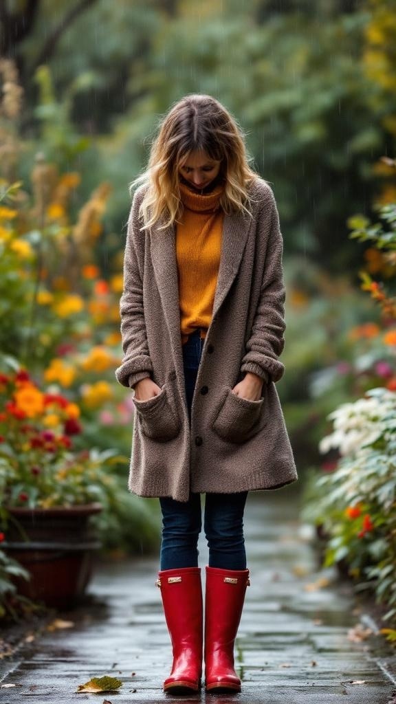A person wearing a warm cardigan and red rain boots in a garden during rain.