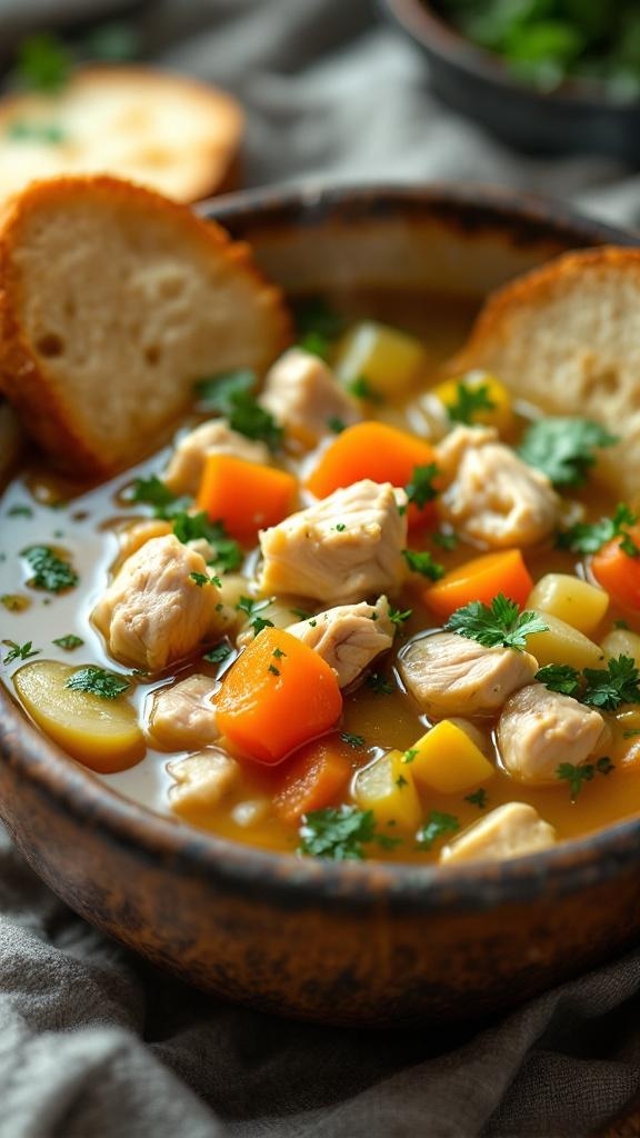 A bowl of chicken soup with chunks of chicken, carrots, and herbs, served with bread on the side.