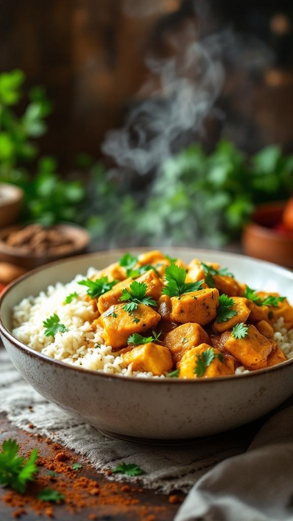 A bowl of keto chicken curry served over rice, garnished with fresh cilantro.