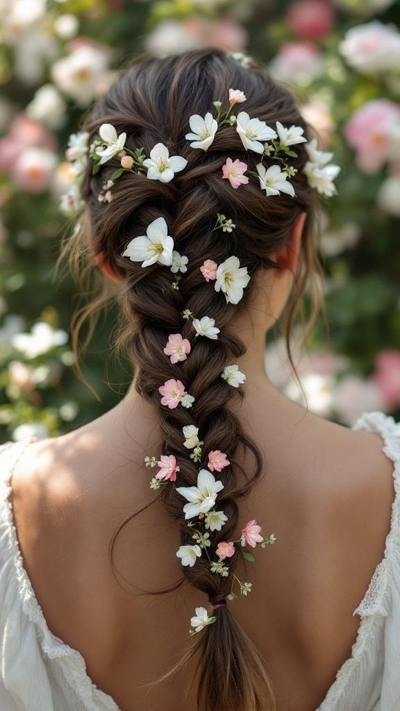 A waterfall braid hairstyle adorned with flowers, showcasing a beautiful cascading effect.
