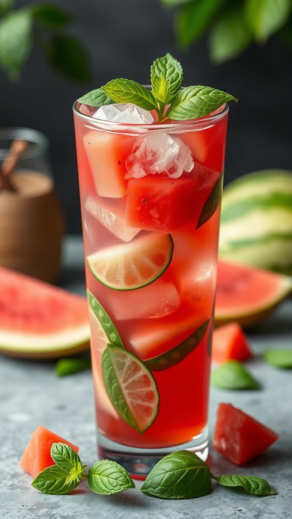 A refreshing drink made with watermelon, basil, and lime, served in a tall glass with ice.