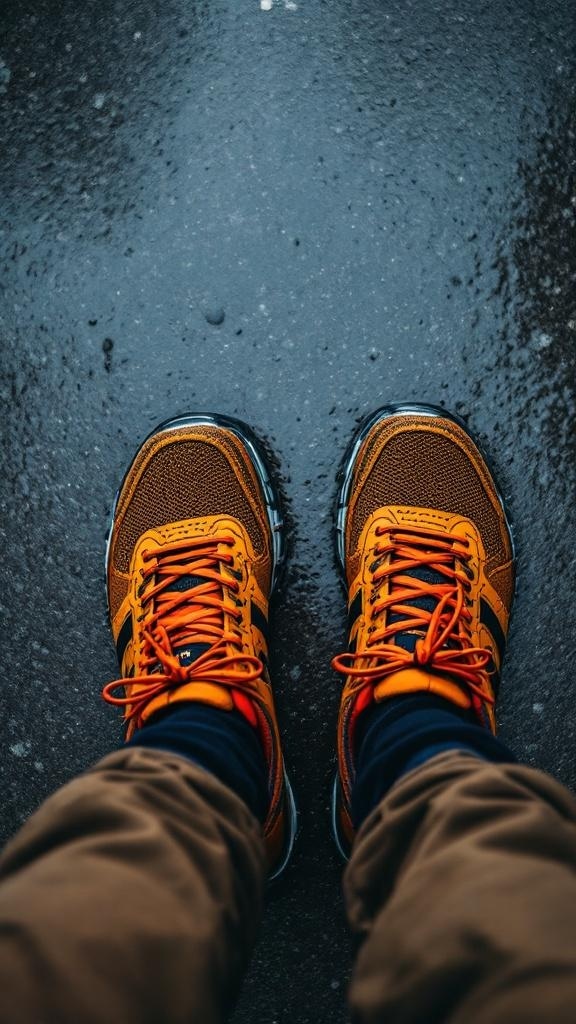A pair of waterproof sneakers with orange laces on a wet surface, showcasing a casual and stylish rainy-day outfit.