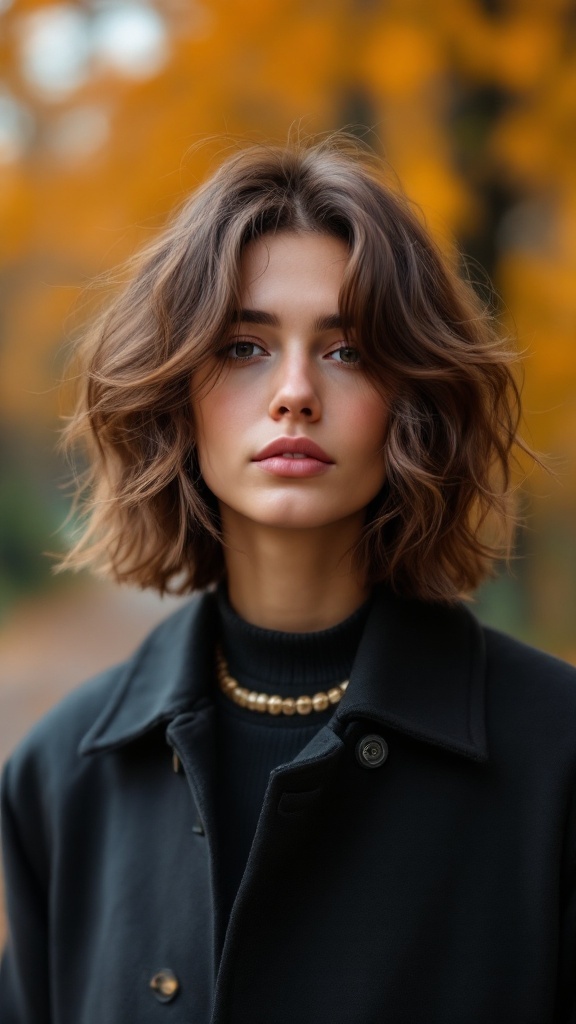 Model with wavy shag cut hairstyle against autumn foliage