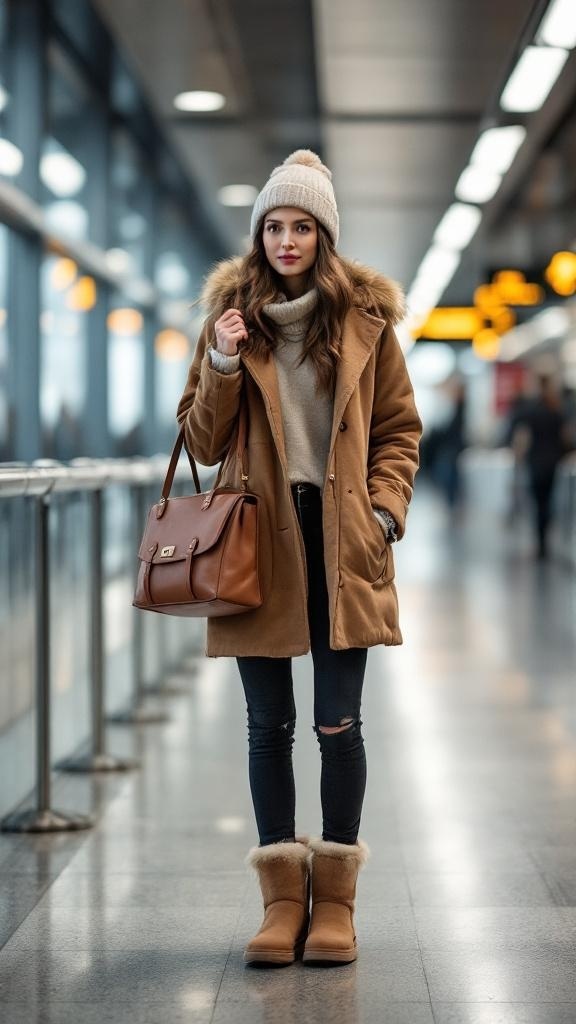A woman in a stylish travel outfit at an airport, wearing a brown coat, beige sweater, ripped jeans, and Ugg boots, with a knitted beanie and a handbag.