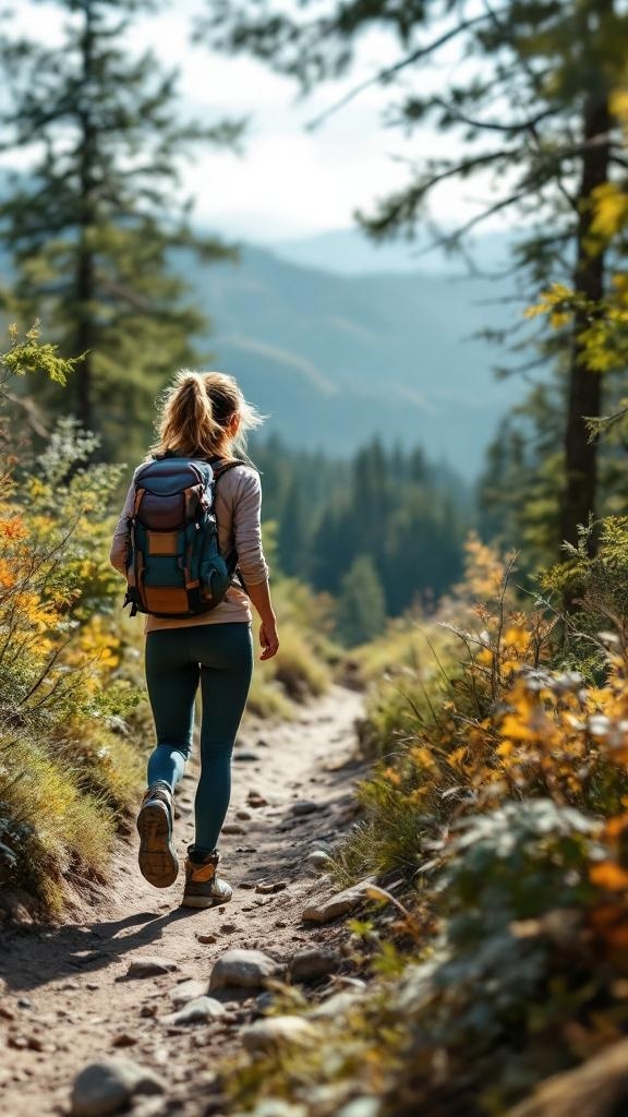 A woman hiking on a trail wearing leggings and a backpack, surrounded by trees and mountains.