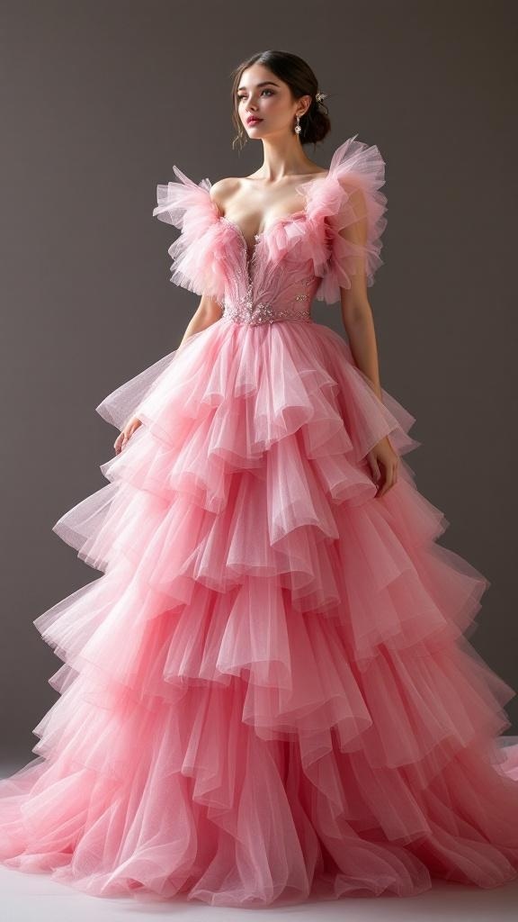 A whimsical pink tulle dress with layers and floral accents, displayed in a garden setting with soft lights.