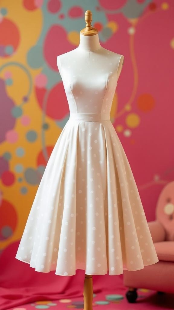 A whimsical tea-length dress with a fitted bodice and polka dot pattern, displayed in front of a colorful floral backdrop.