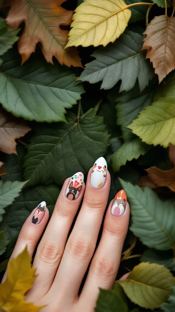 A hand displaying whimsical woodland creature nail art with colorful animal illustrations on a backdrop of green and yellow leaves.