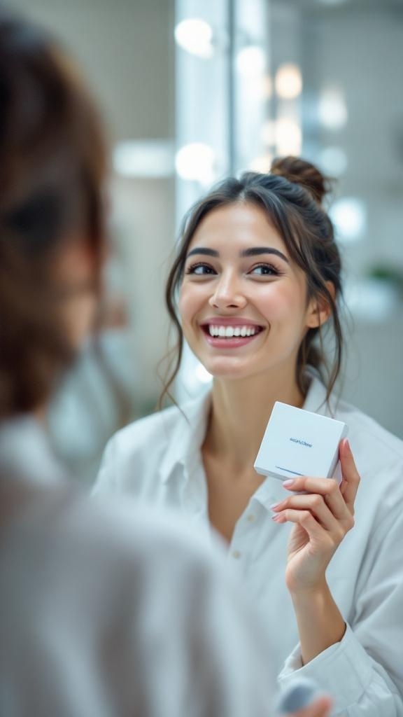 A woman smiling while holding a teeth whitening product in front of a mirror.