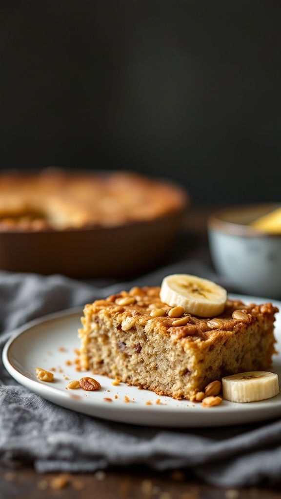 A slice of Whole Wheat Banana Nut Bake topped with banana slices and nuts.