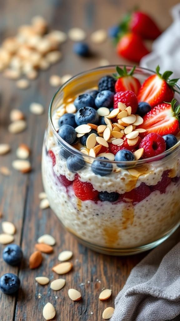 A glass of overnight oats layered with berries and topped with almonds.