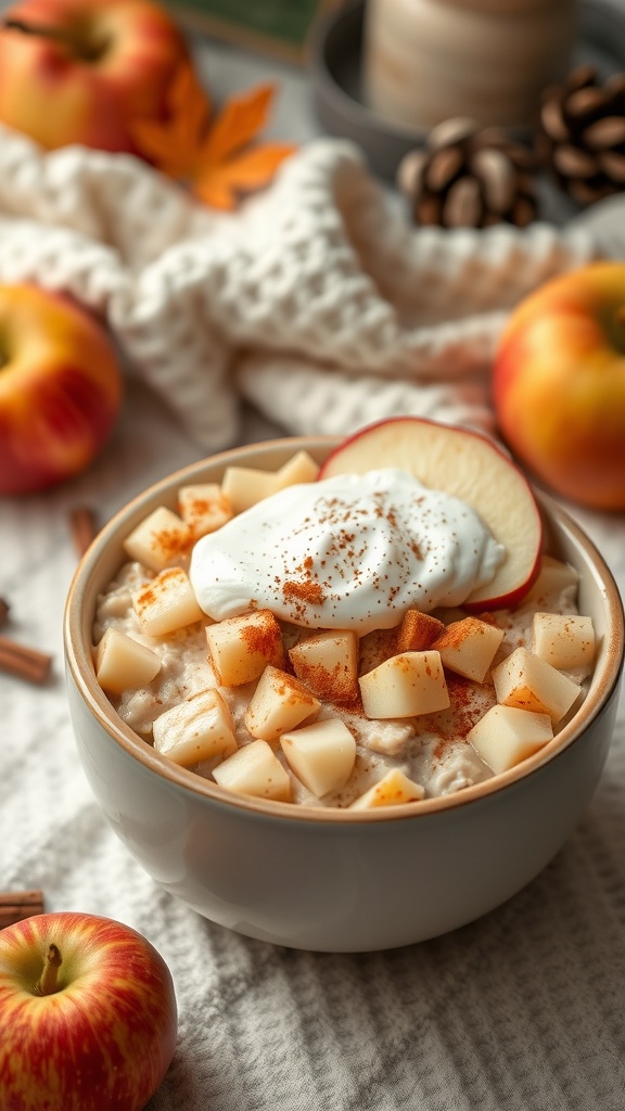 A bowl of apple cinnamon overnight oats topped with diced apples and yogurt, surrounded by fresh apples and cinnamon sticks.