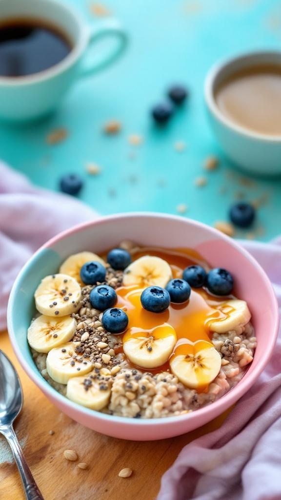 A colorful breakfast bowl with oats, banana slices, blueberries, and honey.