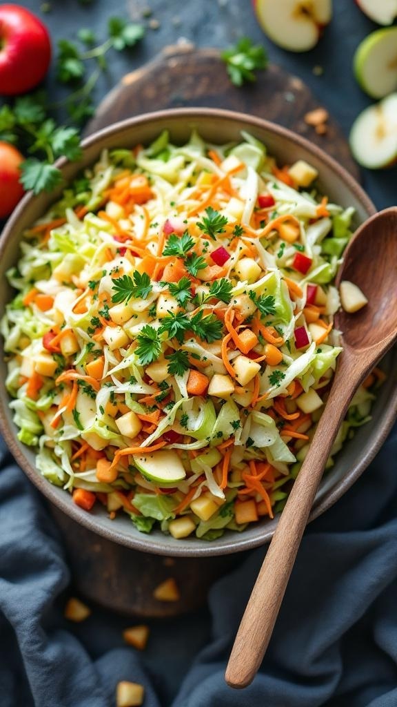 A colorful bowl of cabbage salad with carrots and apples, garnished with parsley.