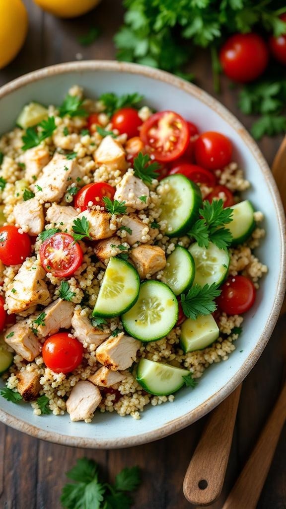 A colorful bowl of chicken and quinoa salad with cherry tomatoes and cucumber.