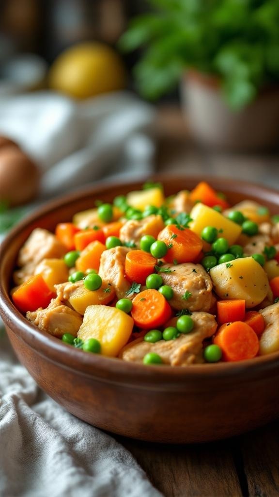 A bowl of chicken and vegetable medley with carrots, peas, and potatoes.