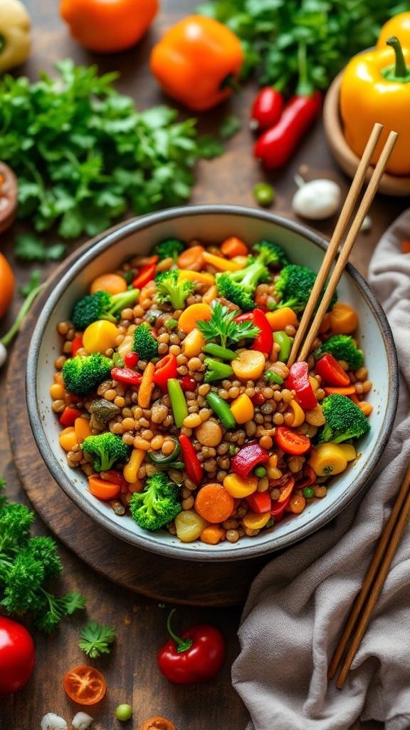 A colorful bowl of lentil and vegetable stir-fry with chopsticks