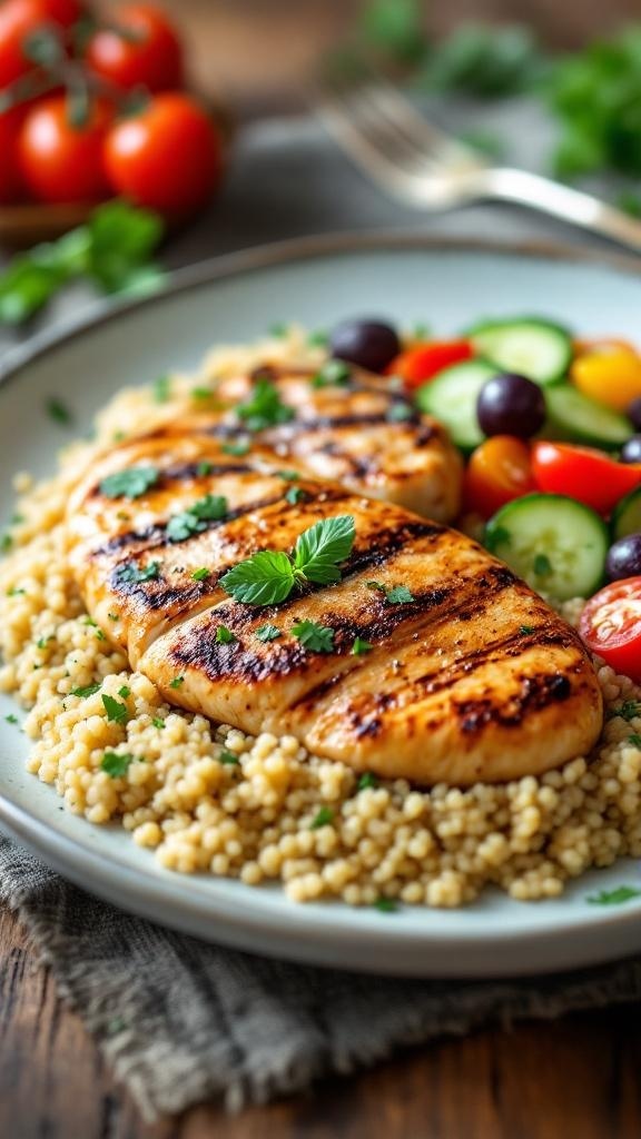 A plate of grilled chicken served with quinoa and a fresh salad, showcasing a healthy Mediterranean meal.
