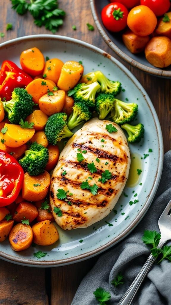 A plate of grilled chicken breast with colorful vegetables including broccoli, bell peppers, and carrots.