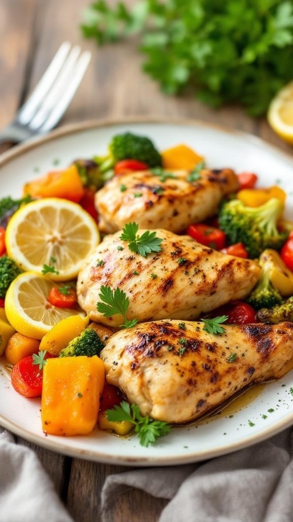A plate of lemon garlic chicken with colorful vegetables