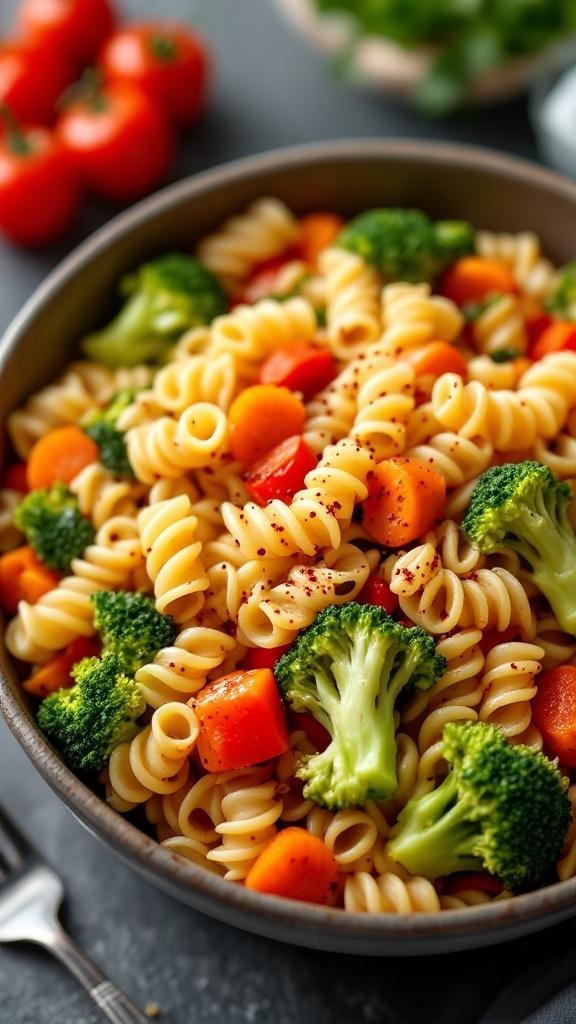 A bowl of wholesome one-pot vegetable pasta with broccoli, carrots, and cherry tomatoes.