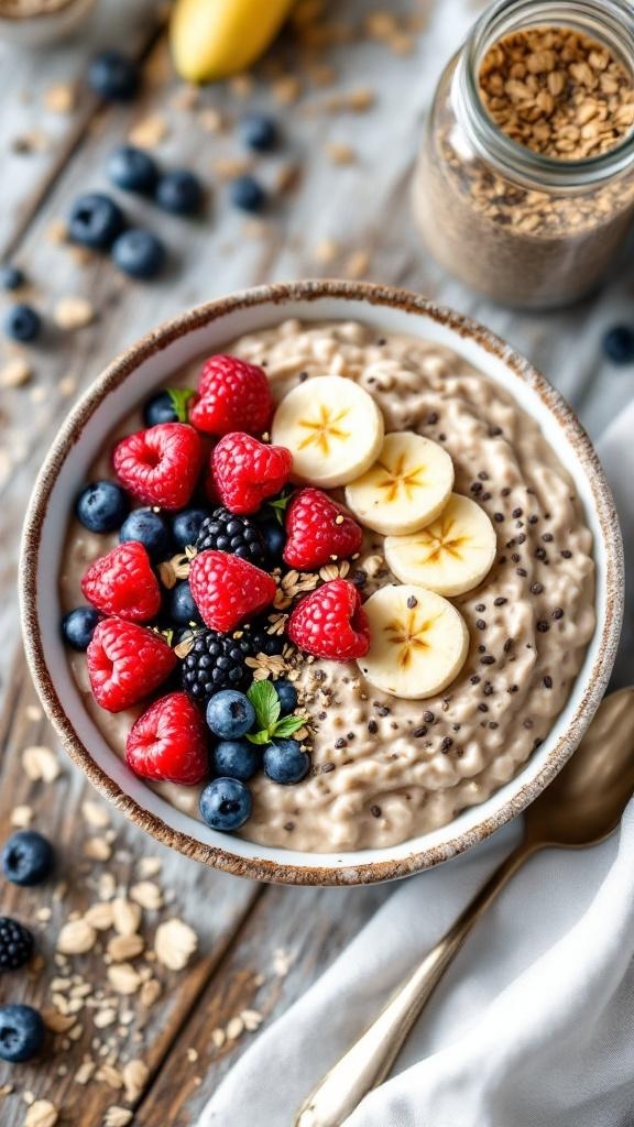A bowl of overnight oats topped with banana slices, raspberries, blueberries, and granola.
