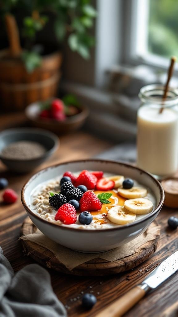 A bowl of overnight oats topped with banana slices, mixed berries, and a drizzle of honey.