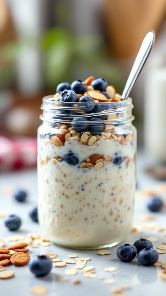 A jar of overnight oats topped with blueberries and almonds, ready for breakfast.