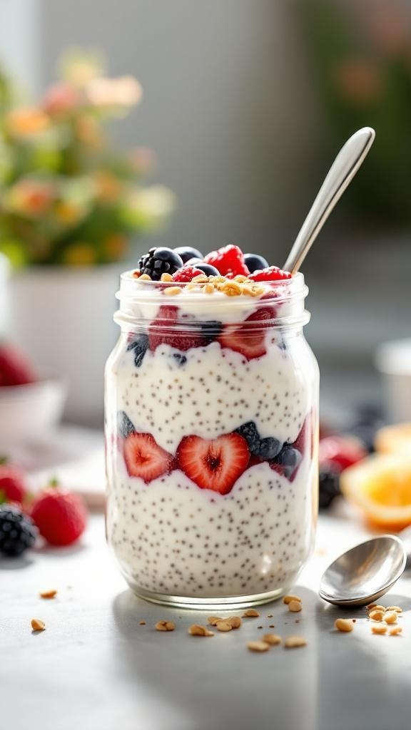 A jar of overnight oats layered with berries and granola, perfect for a healthy breakfast.