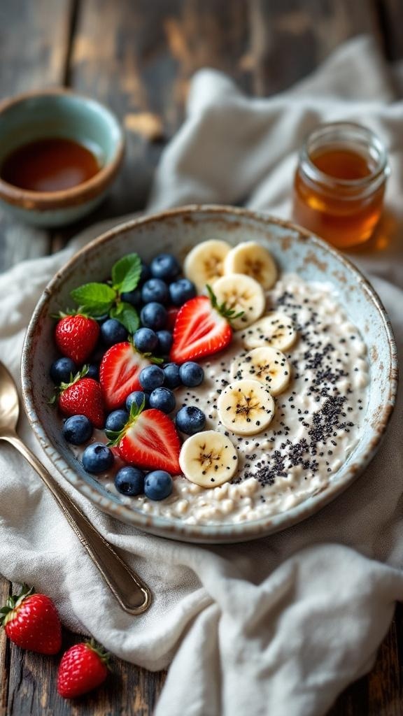 A bowl of overnight oats topped with sliced bananas, strawberries, blueberries, and chia seeds.