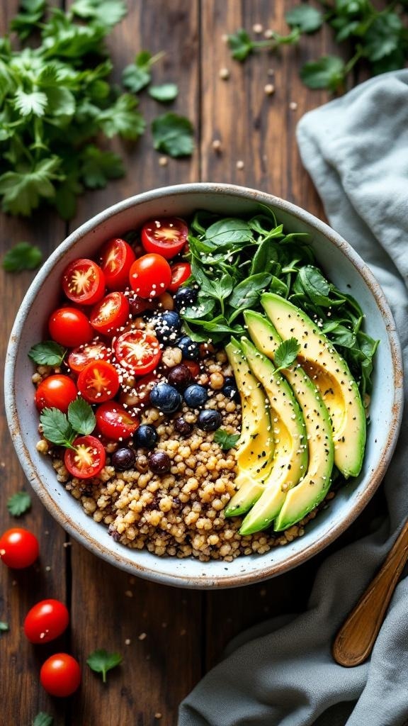 A colorful quinoa breakfast bowl with cherry tomatoes, blueberries, avocado, and spinach.