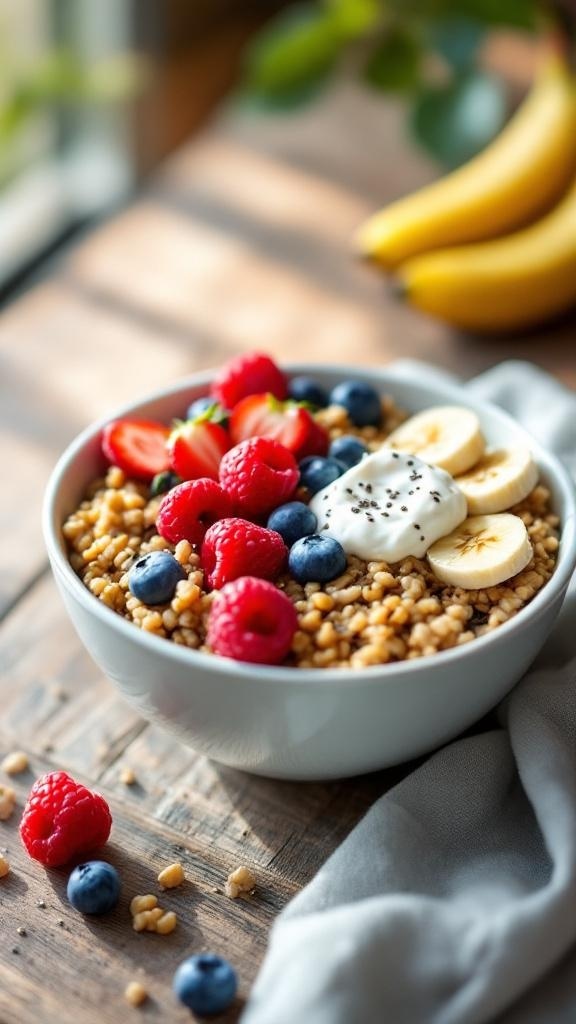A bowl of quinoa topped with fresh fruits and yogurt, perfect for a healthy breakfast.