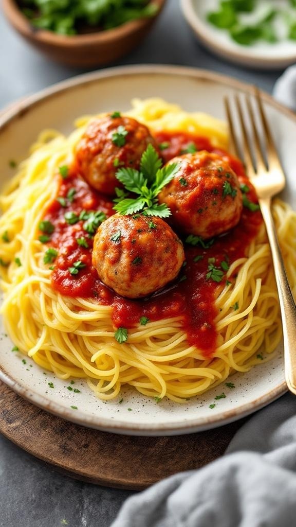 A plate of turkey meatballs served over spaghetti squash with marinara sauce and garnished with parsley.
