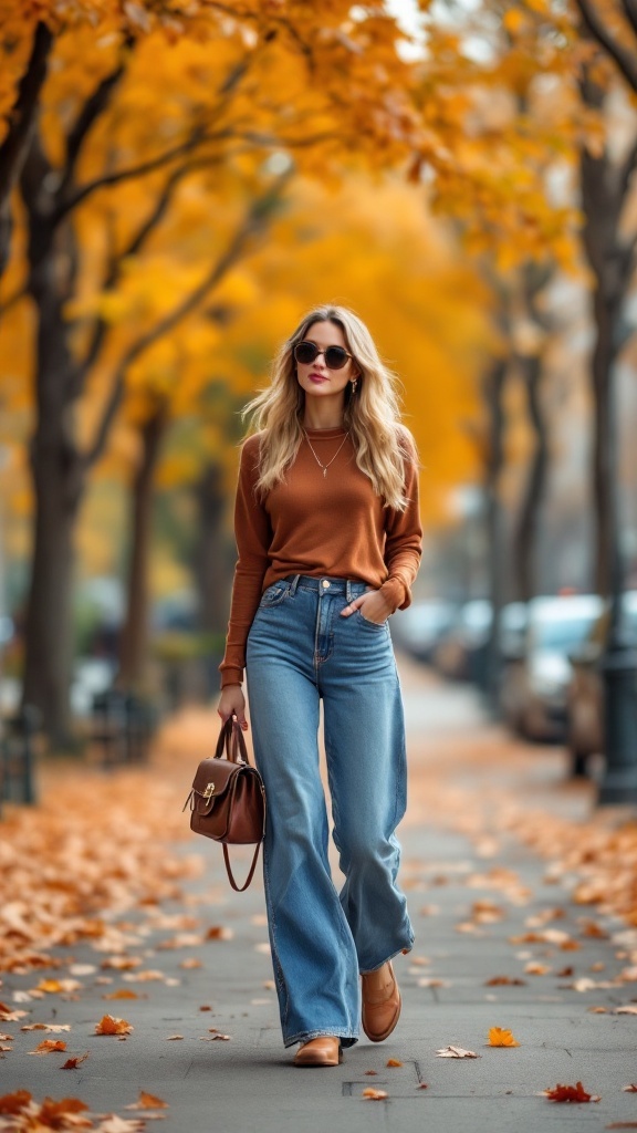 A woman walking on a street covered in autumn leaves, wearing a brown sweater and light-wash wide-leg jeans.
