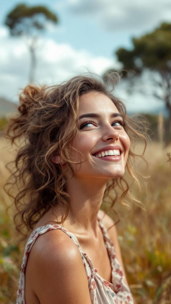 A woman with curly hair smiling in a field, showcasing a carefree hairstyle.