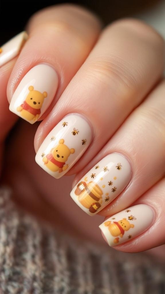 Winnie the Pooh standing next to a honey pot in a forest setting