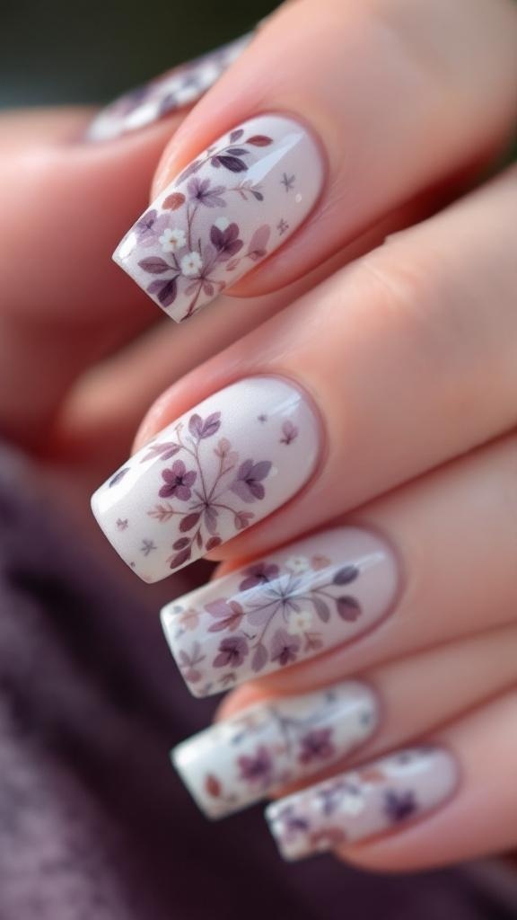 A close-up of winter floral nail designs featuring delicate flower patterns on a light background, complemented by a cozy sweater.
